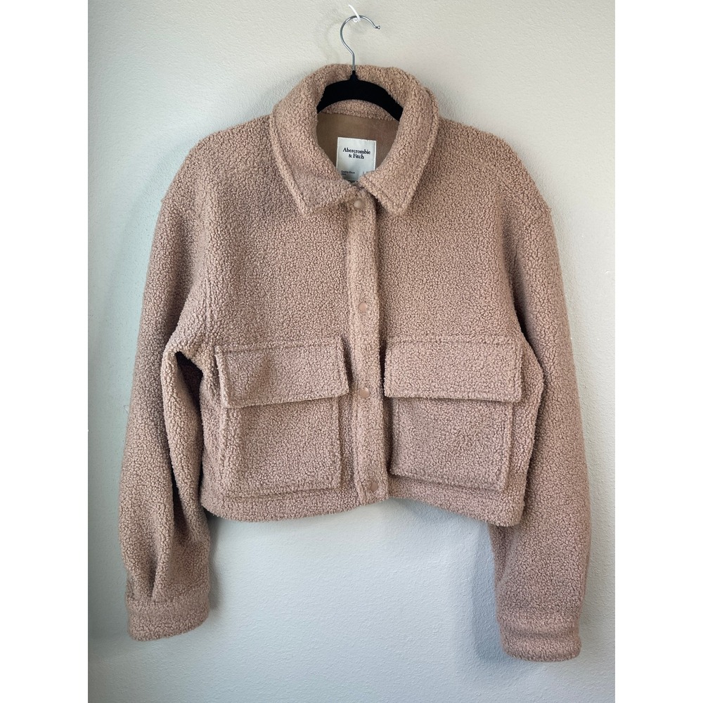 Abercrombie & Fitch Sherpa Jacket Tan Cropped Snap Front Shacket Medium